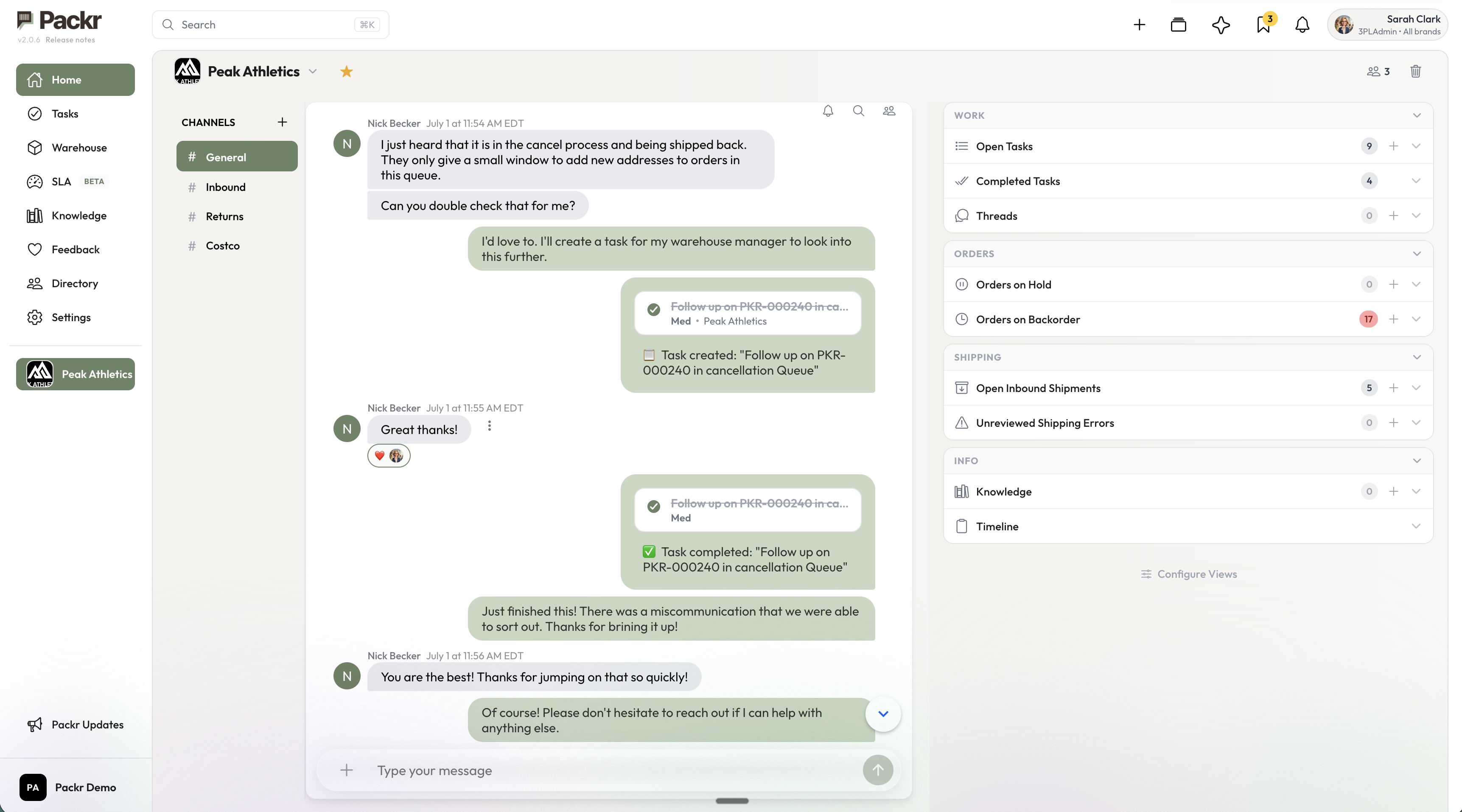 Packr chat workspace with a brand channel next to live order data